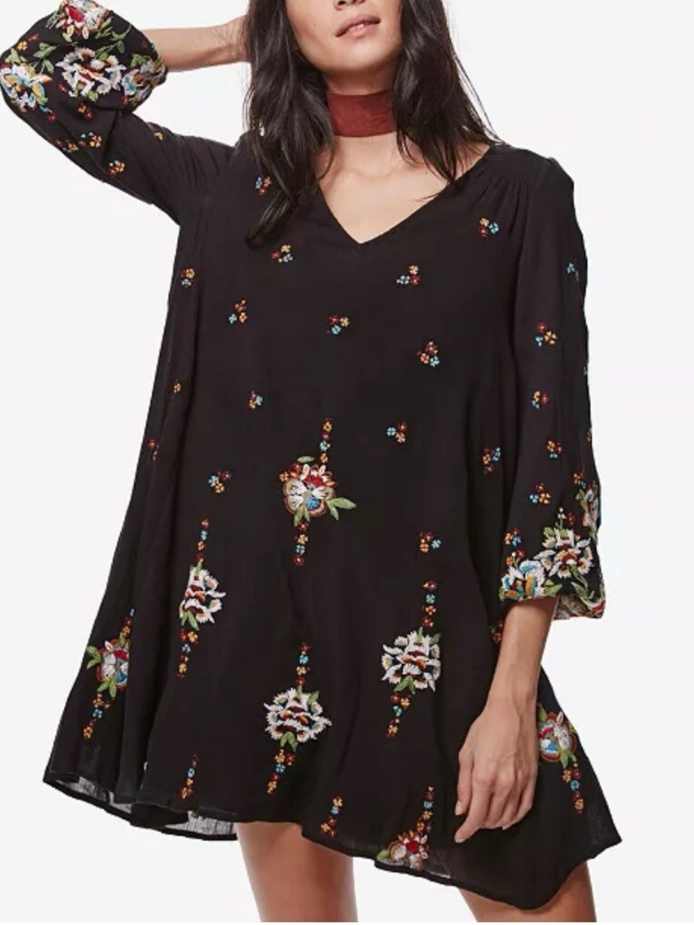 Free People Black Embroidered Boho Long-Sleeve Dress | Small
